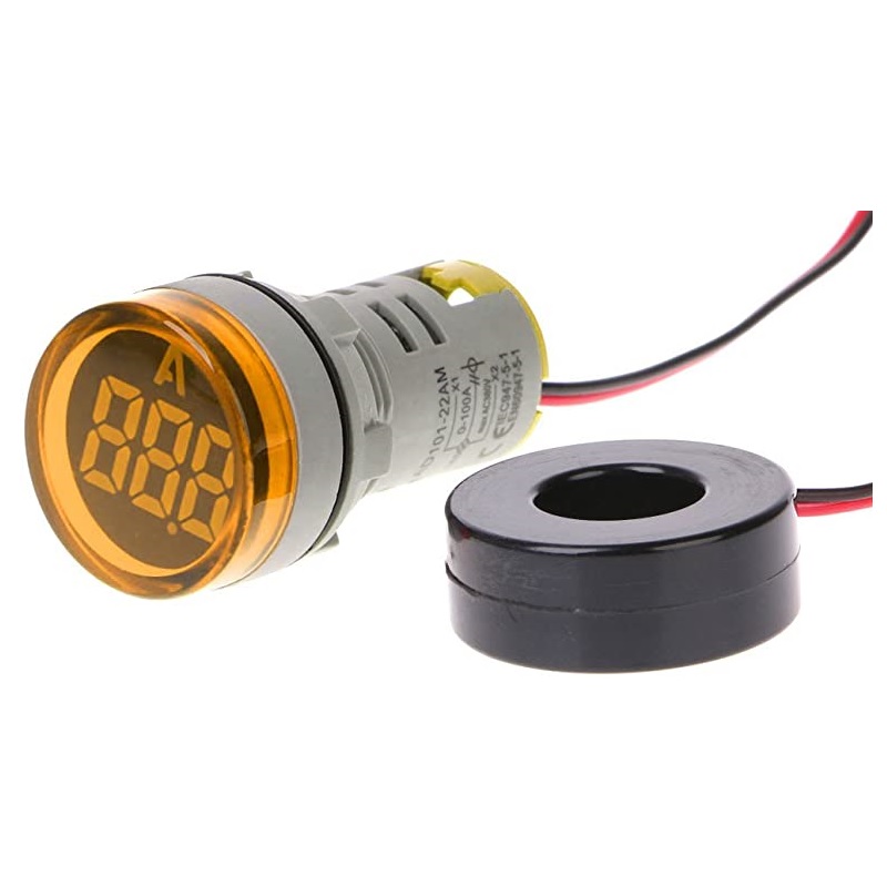 AC 220V Digital Ampere Meter Display Ampermeter Monitor Current Indicator Signal Light Ammeter Tester Measuring 0-100A Ampere Meter 22mm