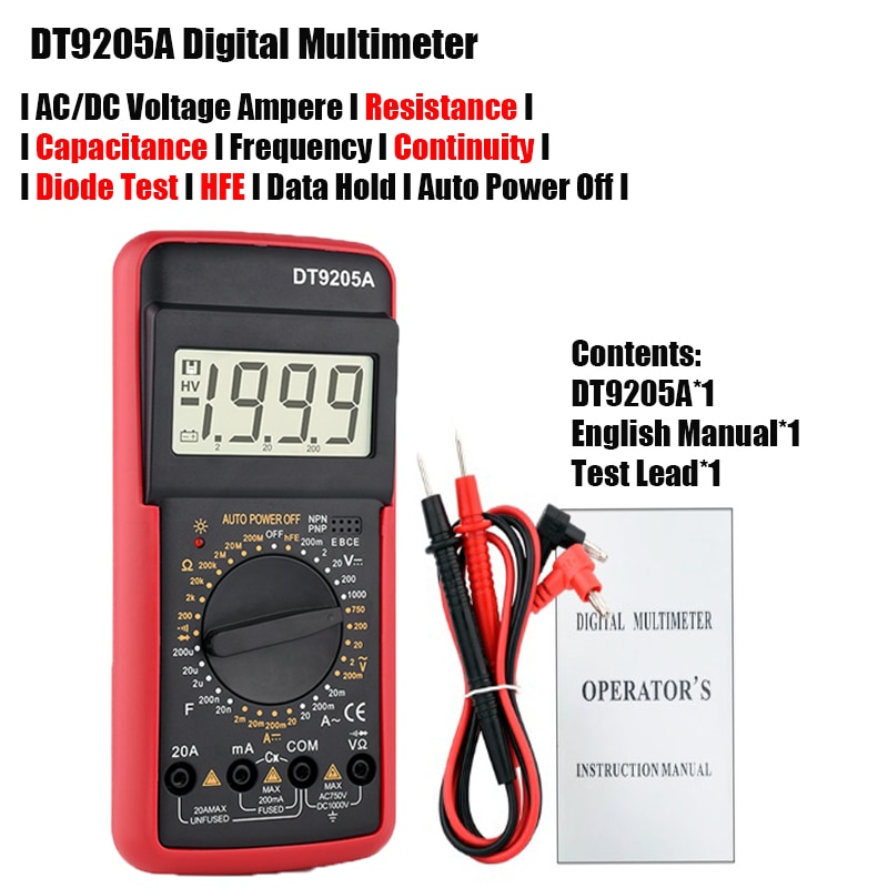 DT9205A Professional Digital Multimeter Manual Range Voltmeter Ammeter Hfe Transistor Test Ohm Hz Capacitance Continuity Tester. 