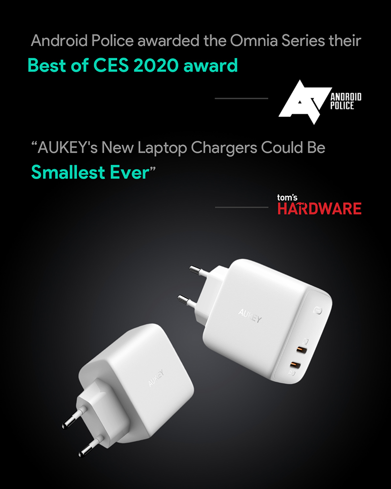 Aukey PA-B4 Omnia Duo 65W Dual-Port PD Fast Charger Dynamic Detect Quick Charge Wall Charger Charging Station for phone tablet. 