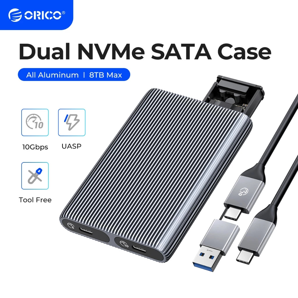 ORICO AM2C3-2SN/AM2C3-2N Dual Bay Aluminum M2 NVMe SSD Enclosure USB3.1 Gen2 10Gbps For M Key M&B Key NVMe PCIe SSD With Built-in Cooling Vest