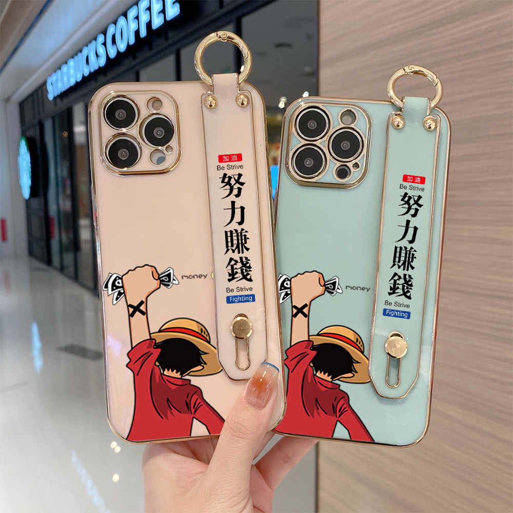 TA for iPhone 13 Pro Max Wrist Strap Back Cover Struggle Luffy Fashion Luxury 6D Plating Soft Casing Silicone Square Frame Phone Case. 