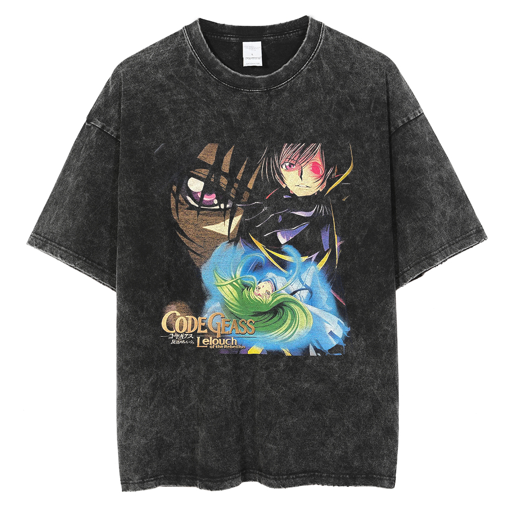 Men streetwear washed t-shirt hip hop anime Code Geass print tshirt Harajuku cotton casual T shirt summer short sleeve tops. 