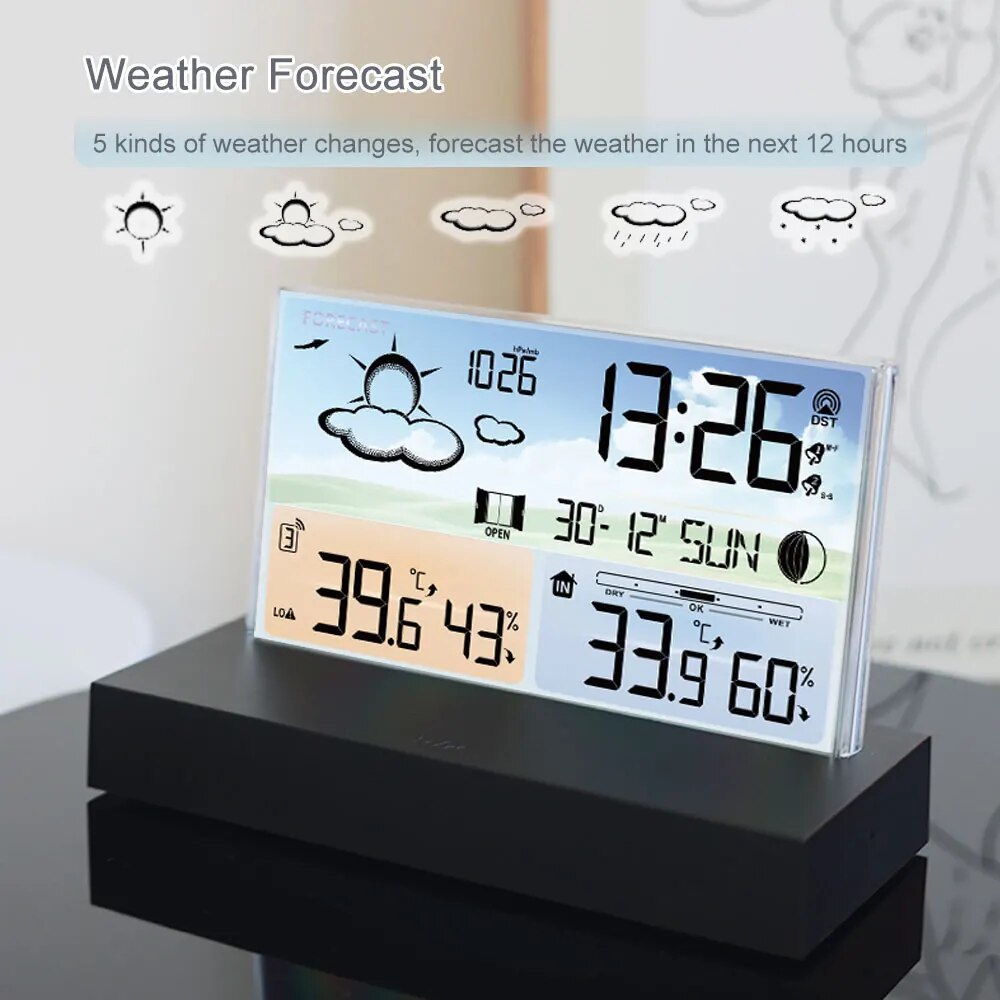 Transparent glass weather clock wireless Multifunctional weather forecast Electronic alarm clock black Outdoor sensors backlight. 