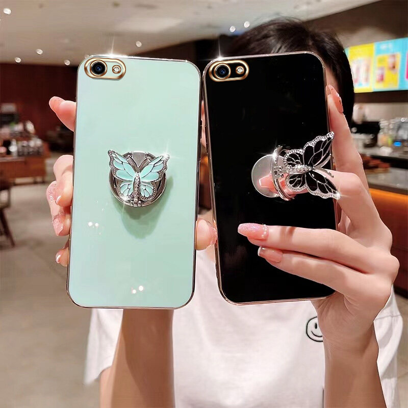 AnDyH Butterfly Ring Holder Phone Case Vivo Y81 Y83 Y81i Y71 Y71i Y79 V7 Plus Y75 V5 Lite Vivo 1724 1801 1812 1808 1803 1609 Rotating Belt Drill Silicone Soft Shell Anti Drop. 