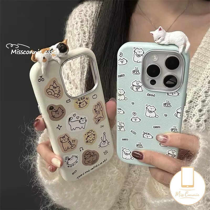 Cartoon Stick Figure Cat Kitten Lovely 3D DIY Doll Cat Case Compatible for IPhone 16 11 12 15 14 13 Pro Max XR X 15 14 16 Plus XS Max Luxury Metal Lens Frame Leather Texture Case