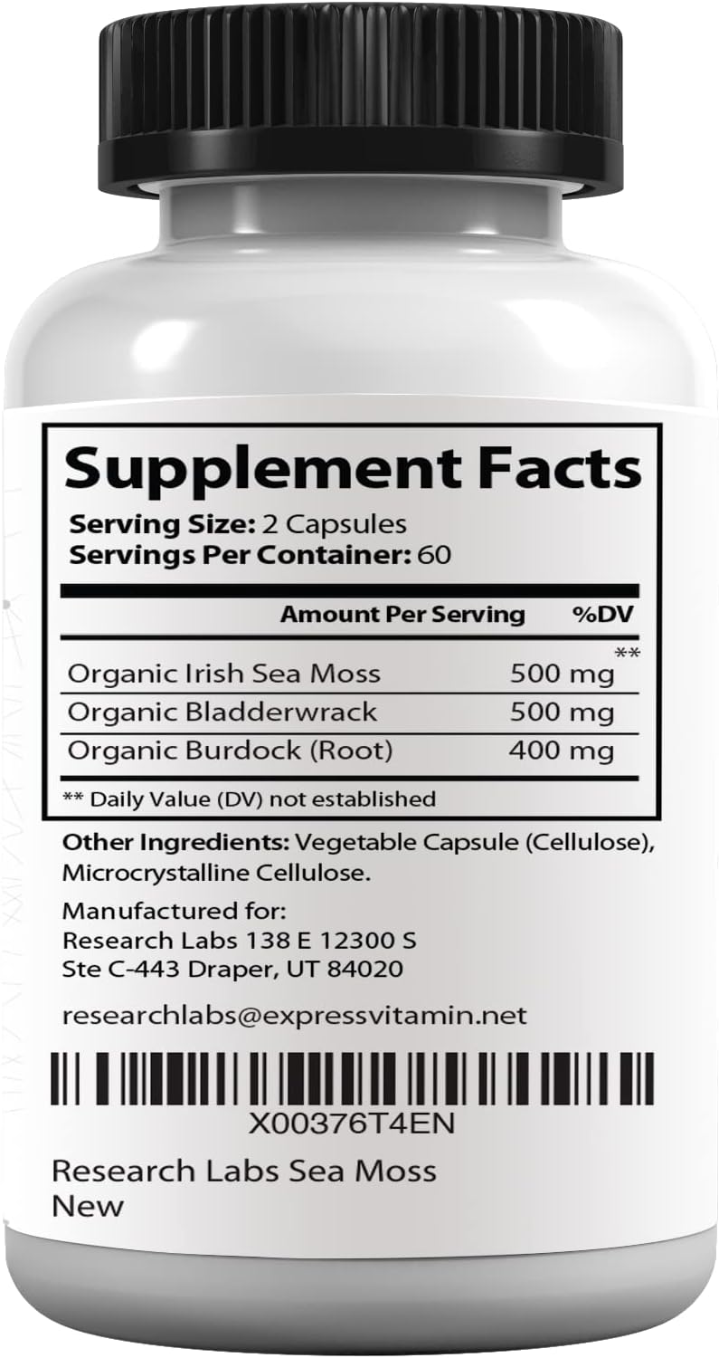 Research Labs Sea moss Bladderwrack & Burdock Root 120 Capsules. 