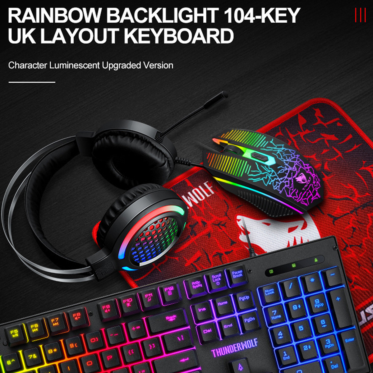 T-Wolf TF400 4Pcs Gaming Devices Set 104 Keys LED Backlit Gaming Keyboard 2400 DPI Mouse 50mm 3.5mm Wired Headset Anti-slip Mouse Pad Combo MA. 