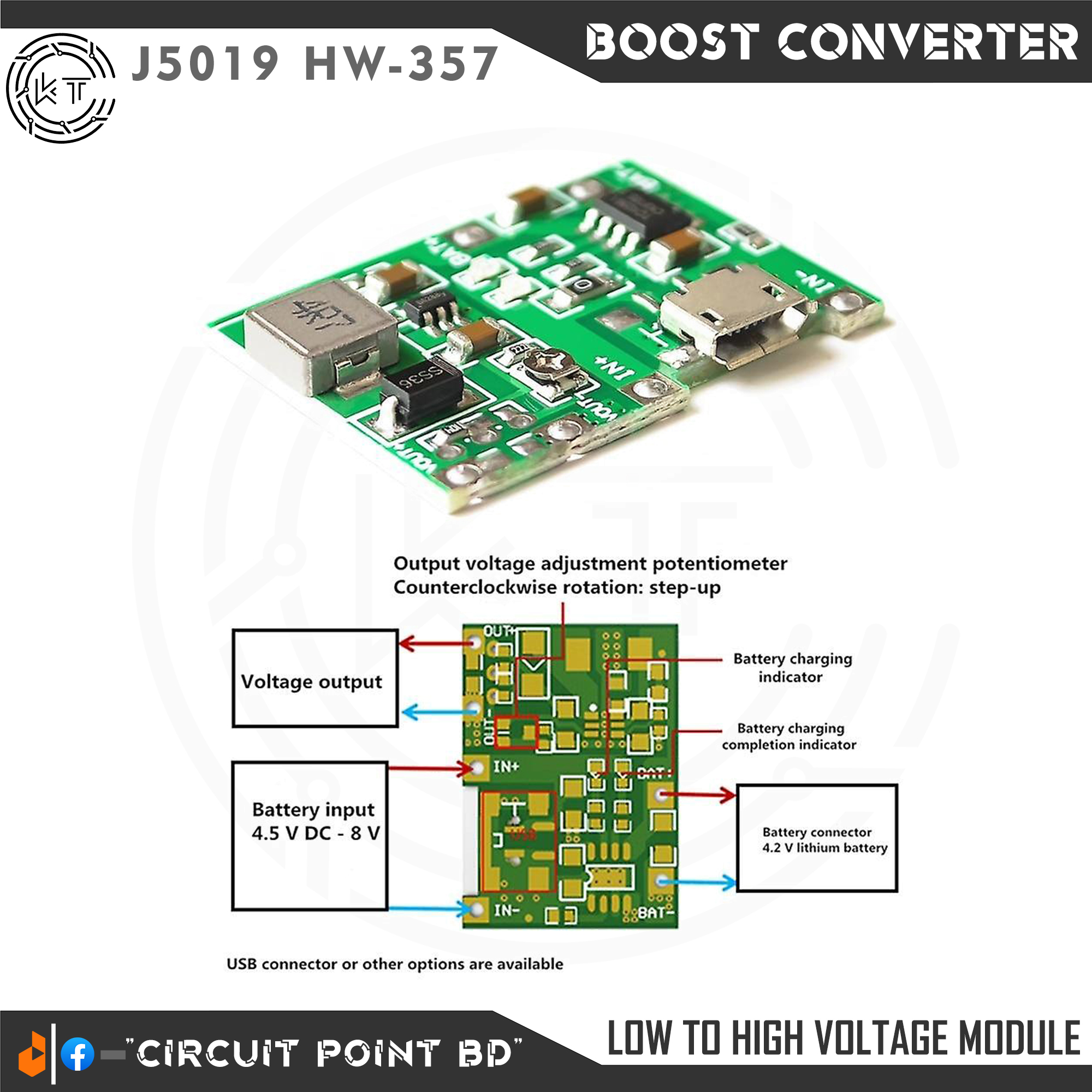 J5019 HW-357 DC to DC Step Up Boost Module 3.7V to 27V 2A Adjustable With Integrated TP4056 18650 Lithium Battery Charging Module for WiFi, Router, ONU Mini UPS or DIY Kit.. 