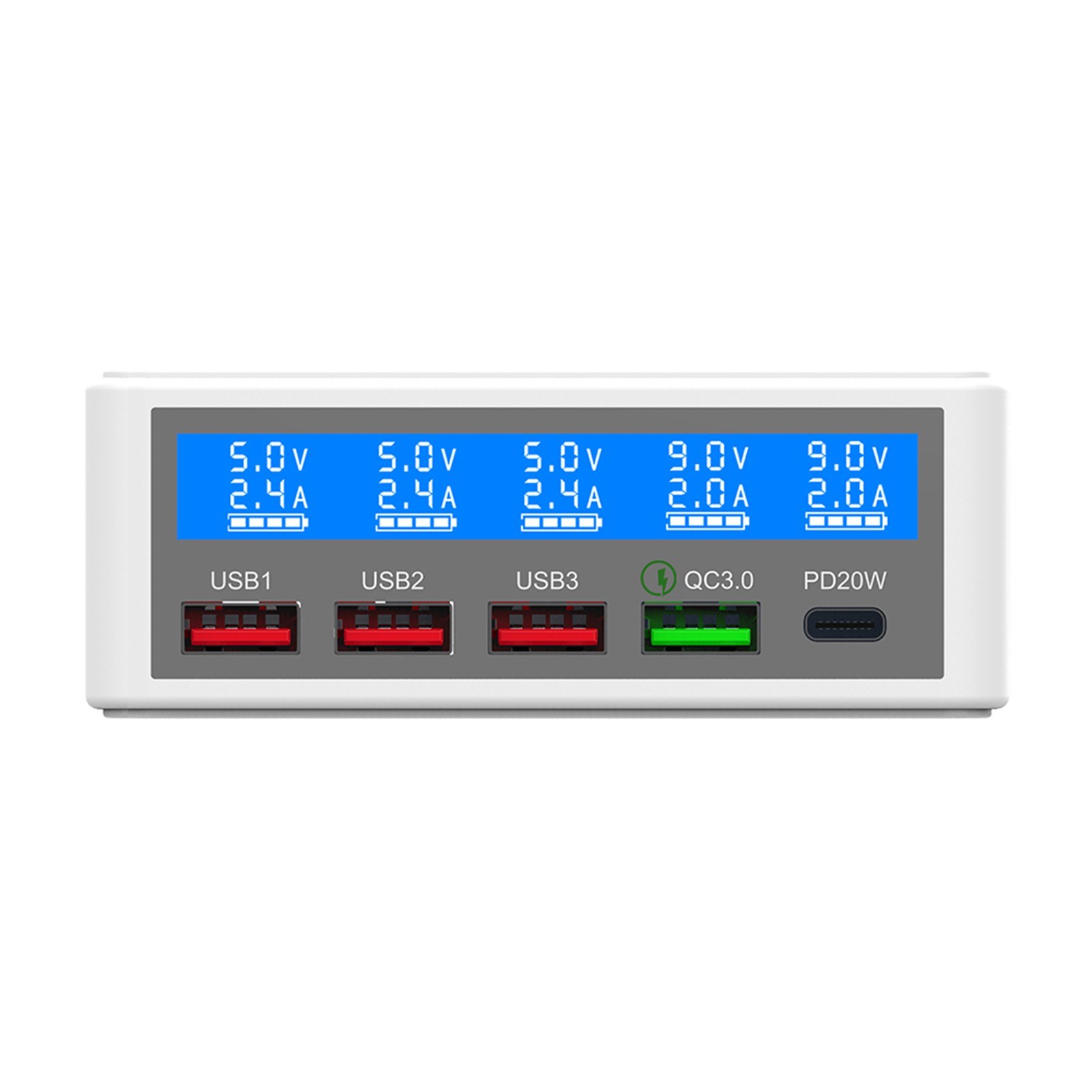 Multiple USB Charger 65W 5-Port USB Charging Stations with LCD Display PD 20W + QC3.0 Fast Charger Multi-Port USB Hub Charger for Smart Phones Tablet Earphone and More-eu. 