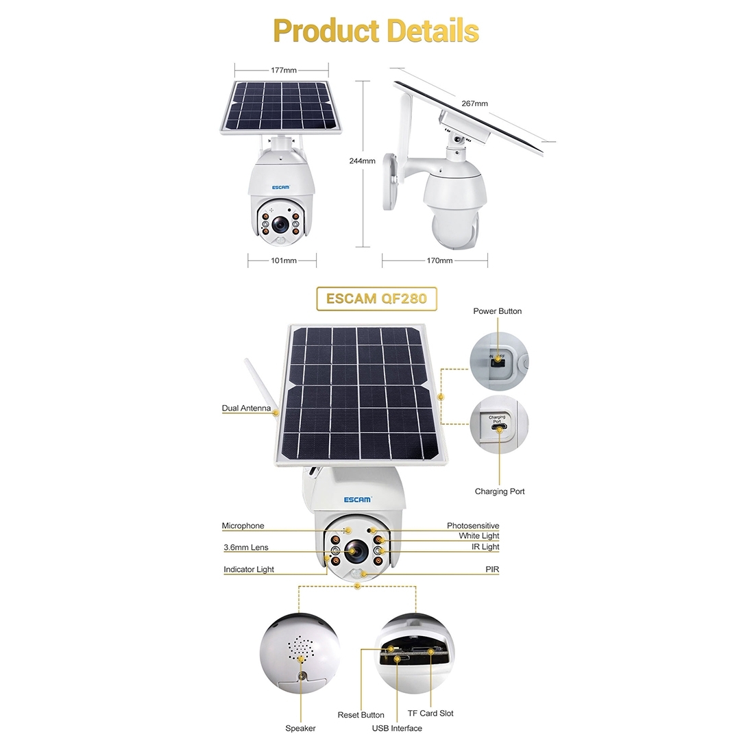 (Ready Now)ESCAM QF280 HD 1080P IP66 Waterproof WiFi Solar Panel PT IP Camera with Battery, Support Night Vision / Motion Detection / TF Card / Two Way Audio. 