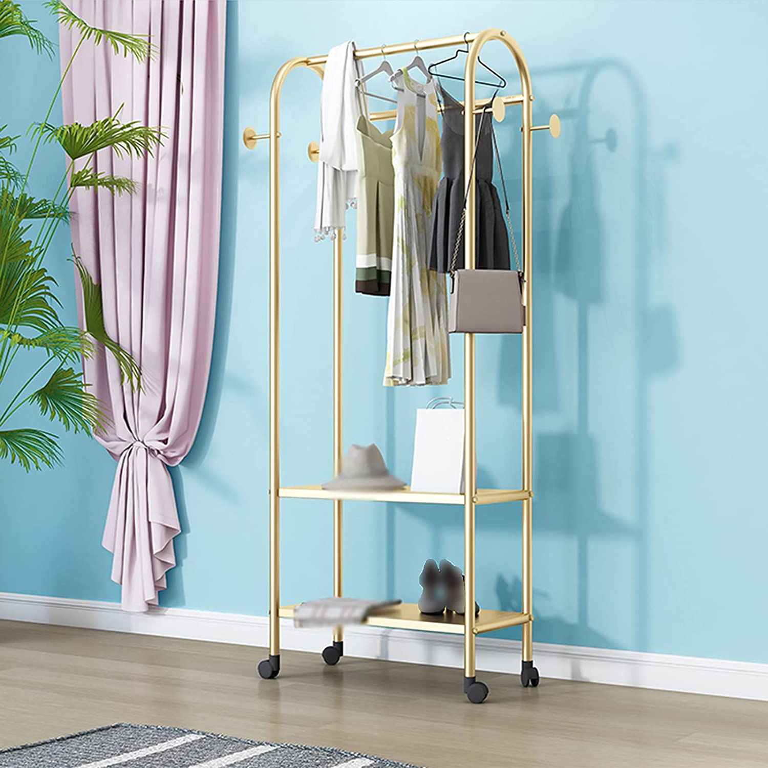 Aleeart  Clothing Rack Nordic Style Coat Rack with Wheels and 2-Tier Shelf Garment Racks Portable Clothing Rail Bedroom Rolling Hanger Clothes Retail Display Stand. 