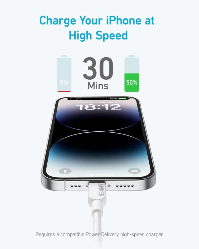 Anker 310 USB-C to Lightning Cable (3ft) Compatible with iPhone, iPad, and iPod. 