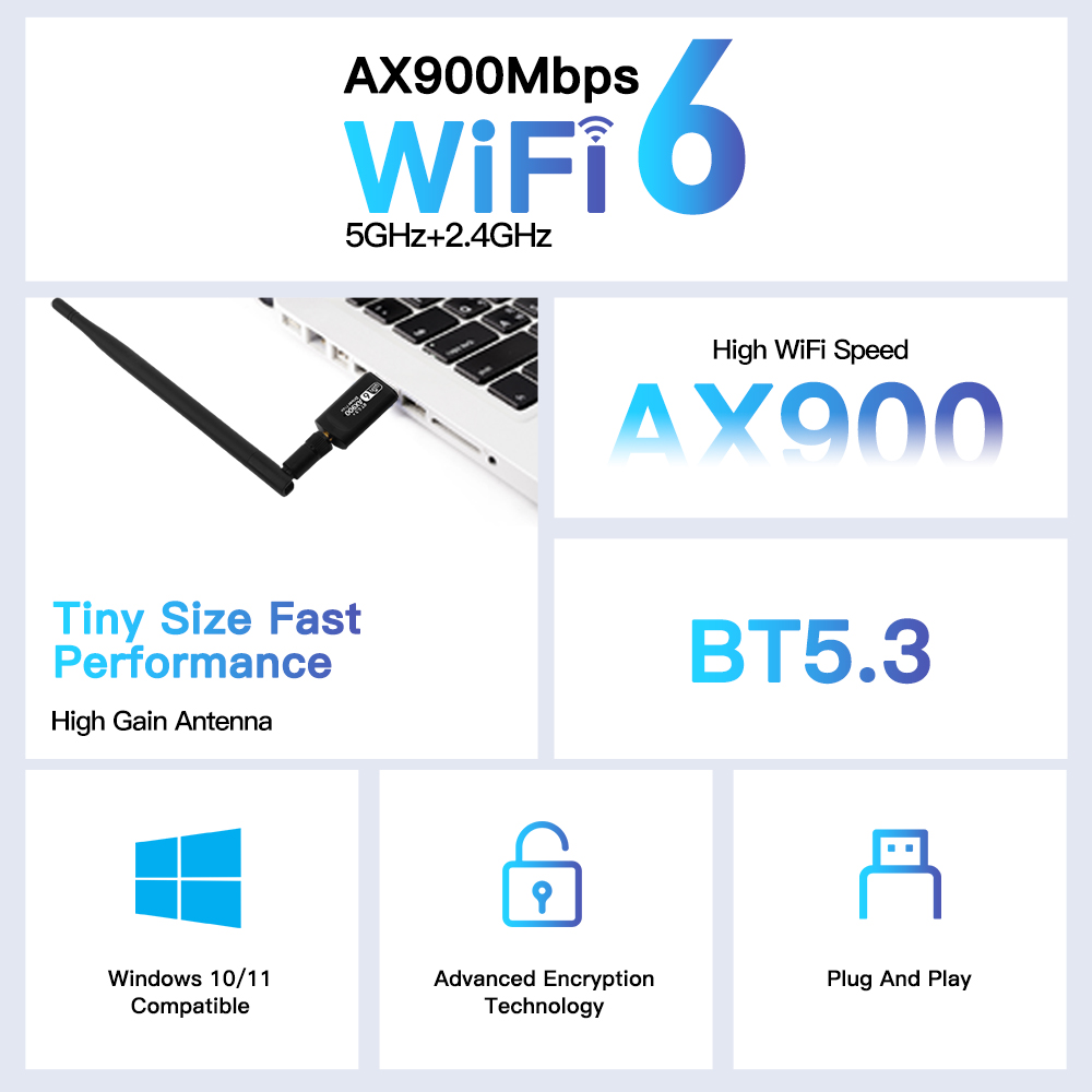 AX900 USB WiFi Adapter Dual Band Bluetooth 5.3 2 in 1 Wi-Fi 6 Dongle Wireless Receiver For PC/Laptop Driver Free For Win10/11. 