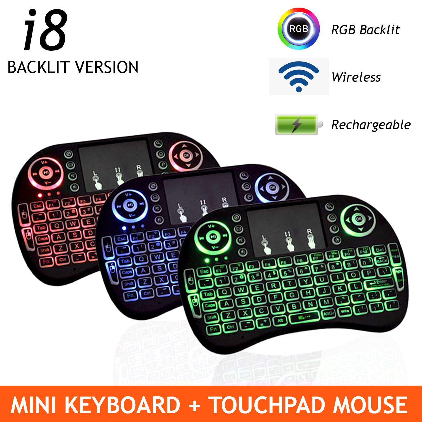 Mini Keyboard And Touchpad Mouse Combo i8 Multicolor RGB Backlit Rechargeable Handheld Wireless Keyboard Support PC Laptop Desktop Android TV Box. 
