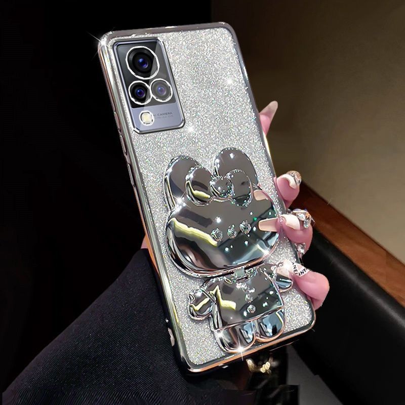 For Vivo V21 Vivo V21e 4G Vivo Y73 Case Back cover Shiny Makeup Mirror Cute Rabbit Bracket