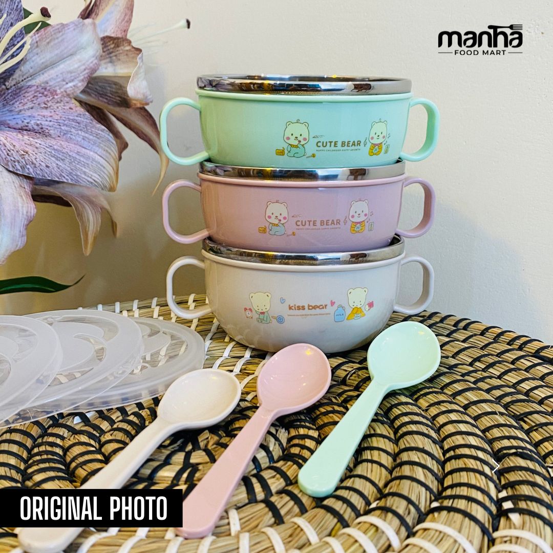 Stainless Steel Baby Bowl with Spoon – Cartoon Design Feeding Bowl with Handles (Random Color)**