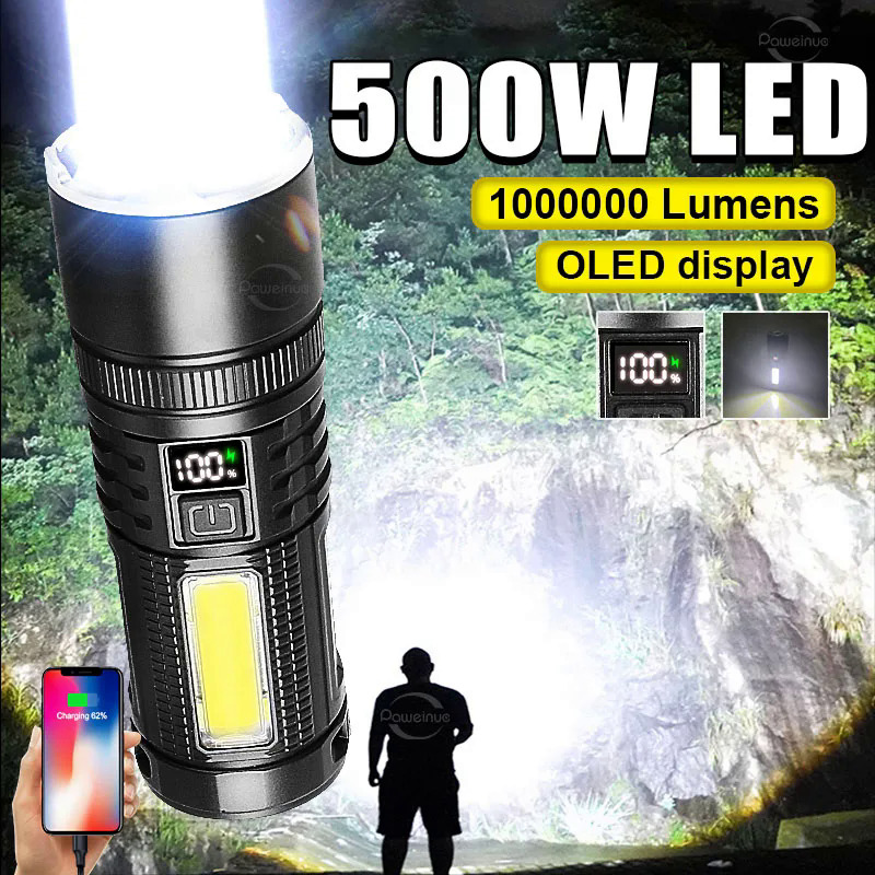1000000 Lumens 500W NEW Wick Powerful Flashlight Rejected Tactical Flash Light Long Range 3000M Search Lamp With Side Light