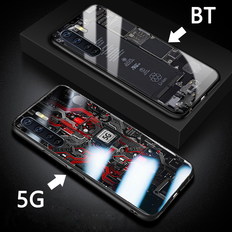 For OPPO Reno 3 Back Cover Version Theme Case Tempered Glass Protection shockproof Cover for OPPO Reno3 case Transparent Circuit Board Design Full Coverage Phone cases. 