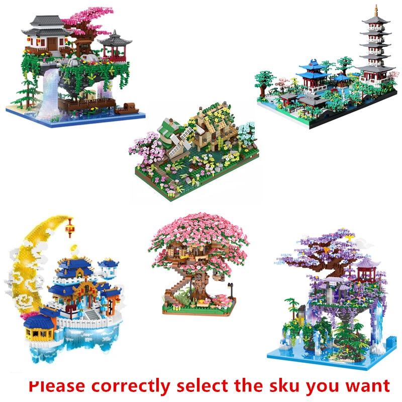 Chinese Architecture Micro Building Blocks Model Tower West Lake Trees DIY Diamond Bricks with Light Toys for Kids Adults Gift. 