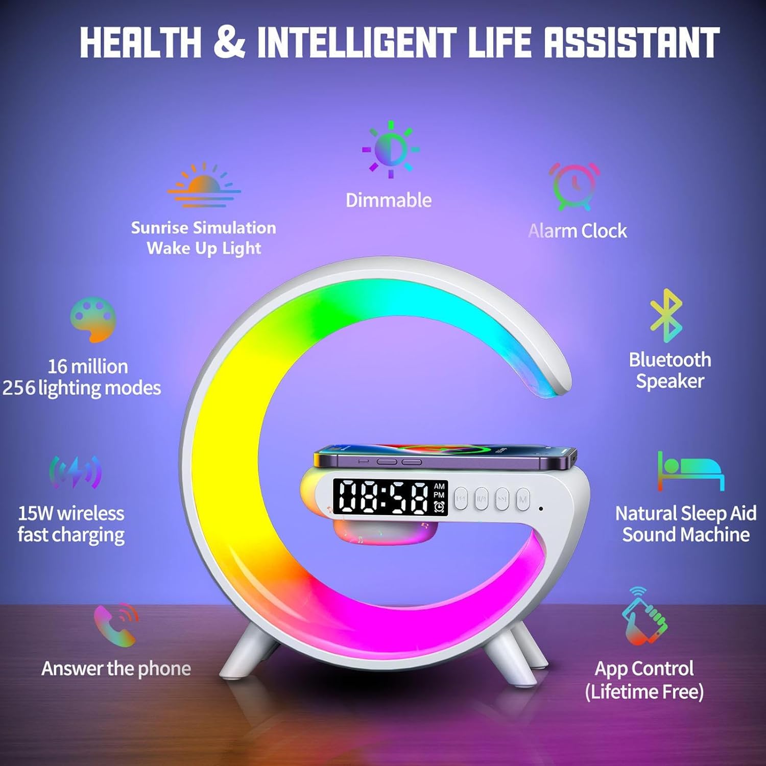 Smart Light Sound Machine with Wireless Charger, Music Rhythm Atmosphere Light, Bluetooth Speaker, Clock Alarm, Button and APP Control (White). 