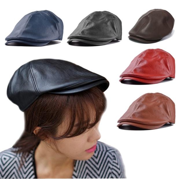 Women Beret Cap Men Solid Faux Leather 