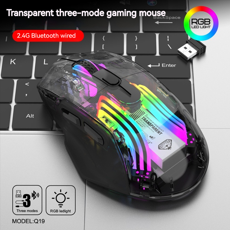 Q19 Wireless Bluetooth Tri-mode Transparent Mouse RGB Illuminated Gaming Gaming PC Notebook Cross Border