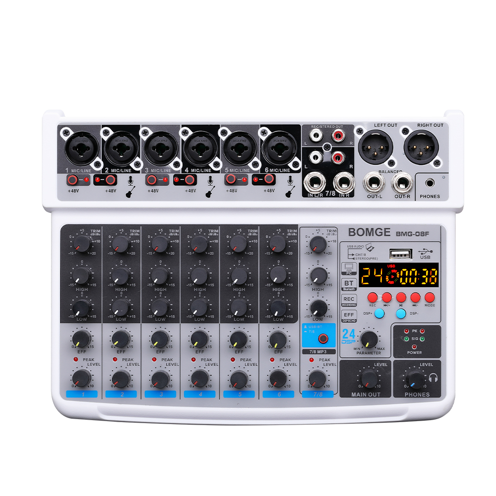 BOMGE 8 channel mini audio mixer  Line Mixer ，DC 5V，with MP3 Player,Bluetooth, U disk 48V ,24DSP  effects, USB recording  Ideal for Small Clubs or Bars, Studio Recording. 