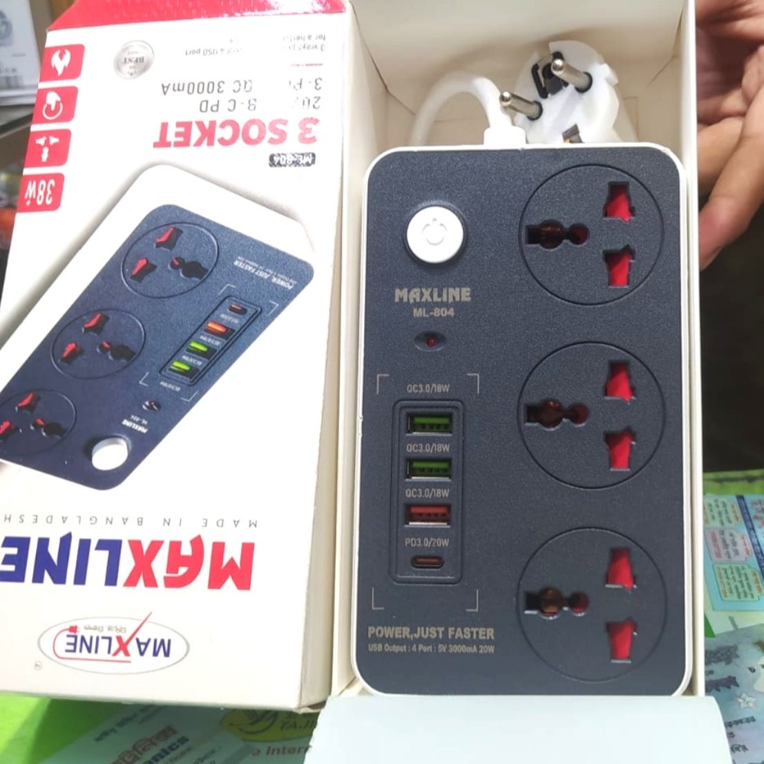 Maxline ML-804, 3 Socket & 4 USB With Lightning Port Fast Charging PD20W QC3.0 Multiplug Power Strip USB-C Output: 20W max (PD3.0)
