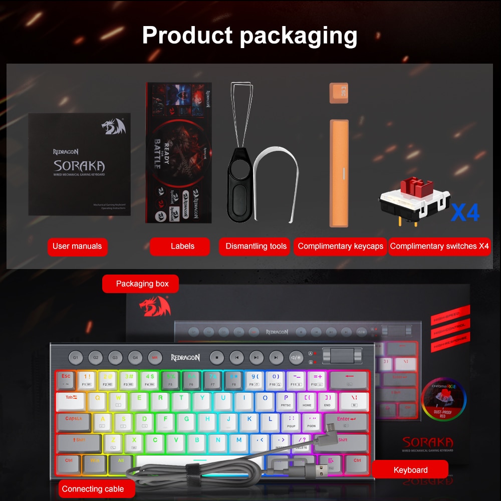 REDRAGON Soraka K647 RGB USB Mini Slim Ultra-Thin Designed Wired Mechanical Gaming Keyboard Red Switch 61 Keys for Compute PC. 