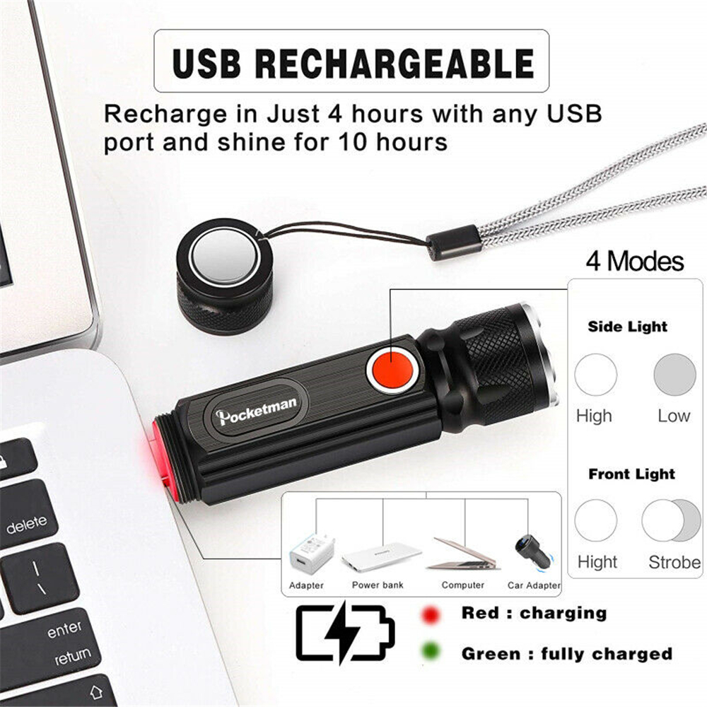 Multifunctional LED Flashlight 5000LM USB battery Powerful T6 torch Side COB Light linterna tail magnet Work Light. 