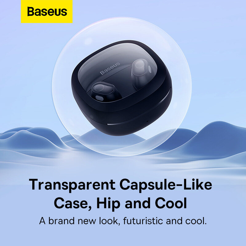 Baseus Bowie WM02+ Wireless Bluetooth Earphone Transparent Case With Smart Display Wireless Earbuds With Mic Touch Control App Support Low-Latency Earphone. 