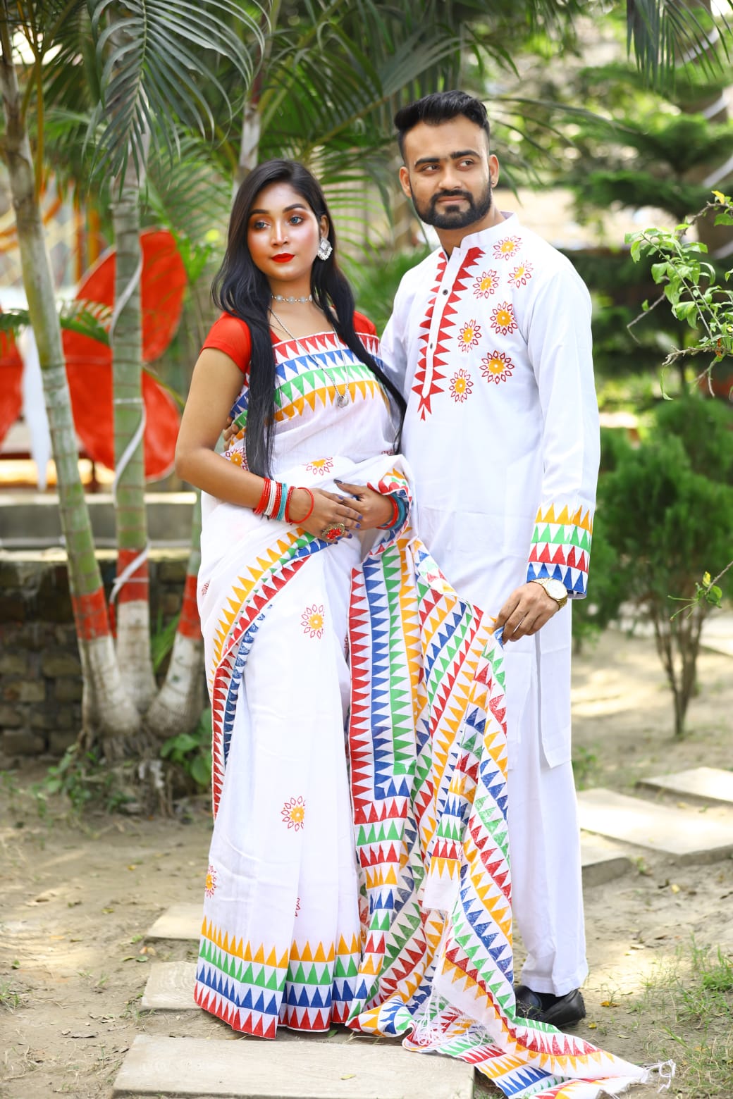 Exclusive Designer Dhupiyan Saree And Dhupiyan Panjabi For Combo Couple Dress