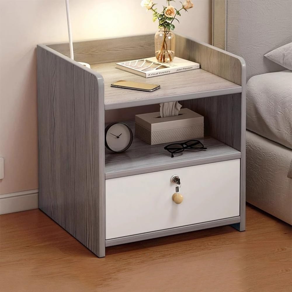 Morandi Grey And White Bedside Table, Nightstand, Cupboard, Modern Simple Bedside , Beautiful Side Table With Drawer for Bedroom Living Room,18/16