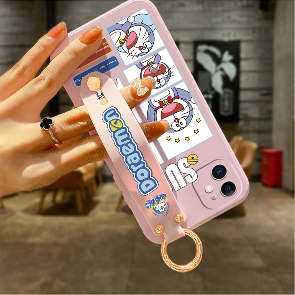 Hontinga for OPPO A18 A38 Back Cover Wrist Strap Cute Doraemon Phone Case Square Liquid Silicone Mobile Cover. 