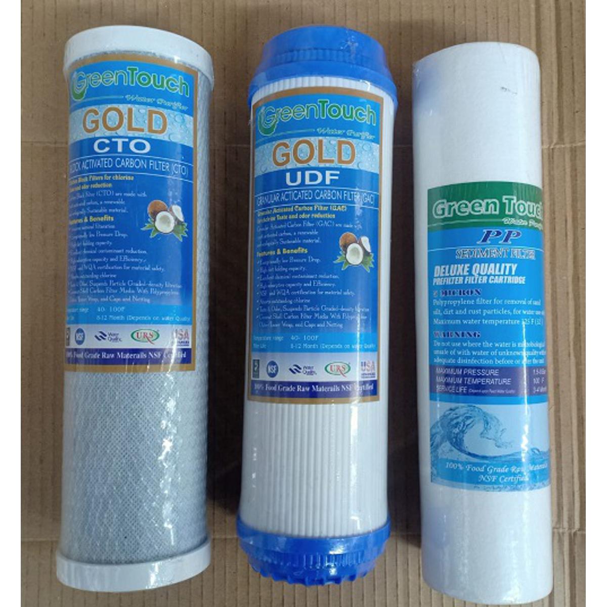 Green Touch Gold, Water Purifier Filter PP + UDF + CTO Carbon Block Cartridge 10" 3 Piece Set