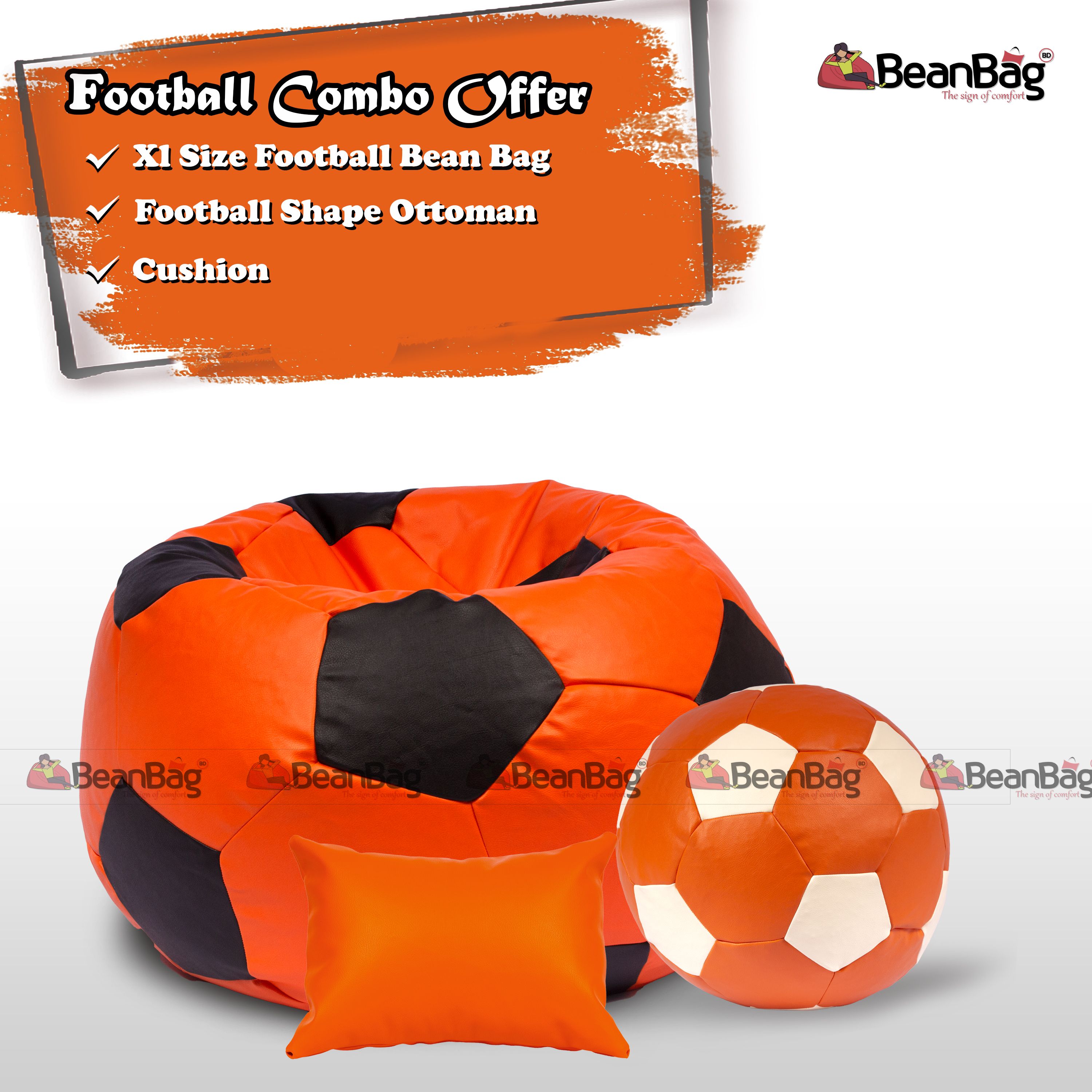 Bean Bag BD Football Shape Bean Bag XL Size Combo Set With Ottoman Red
