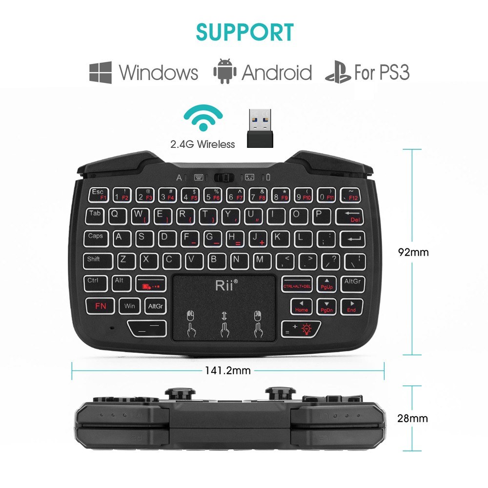 Rii RK707 2.4GHz Wireless Game Controller Keyboard and Mouse Combination - black. 