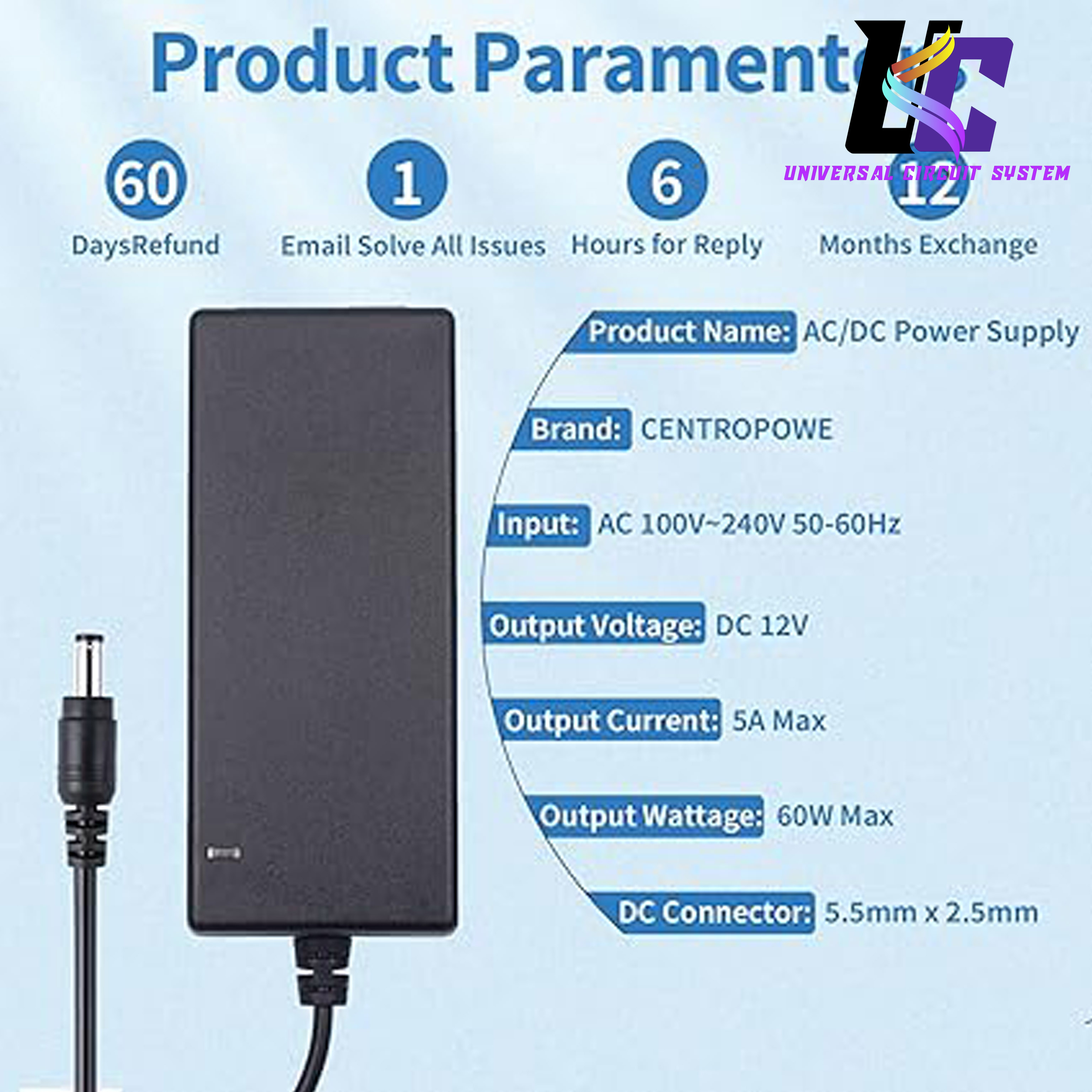 220V to 12V 5A Power Supply Led Strip Light Transformer Input with 5.5x2.1mm 60W AC DC Adapter. 