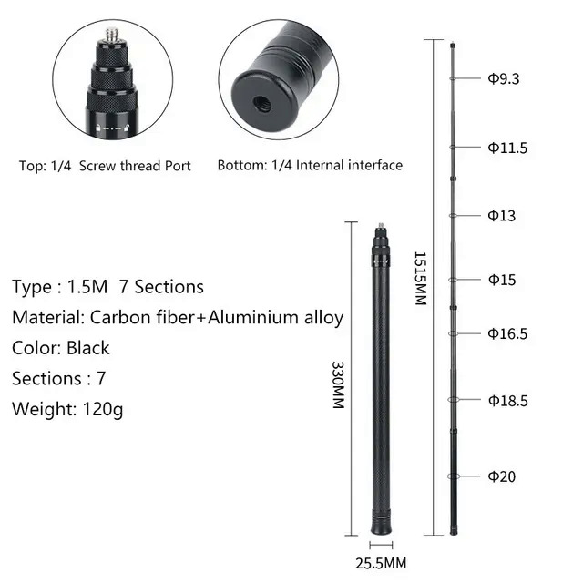 Invisible Selfie Stick For Insta360 X3/Action 3/Gopro Carbon Fiber 3M Invisible Extended Edition Selfie Stick Cameras Accessory. 