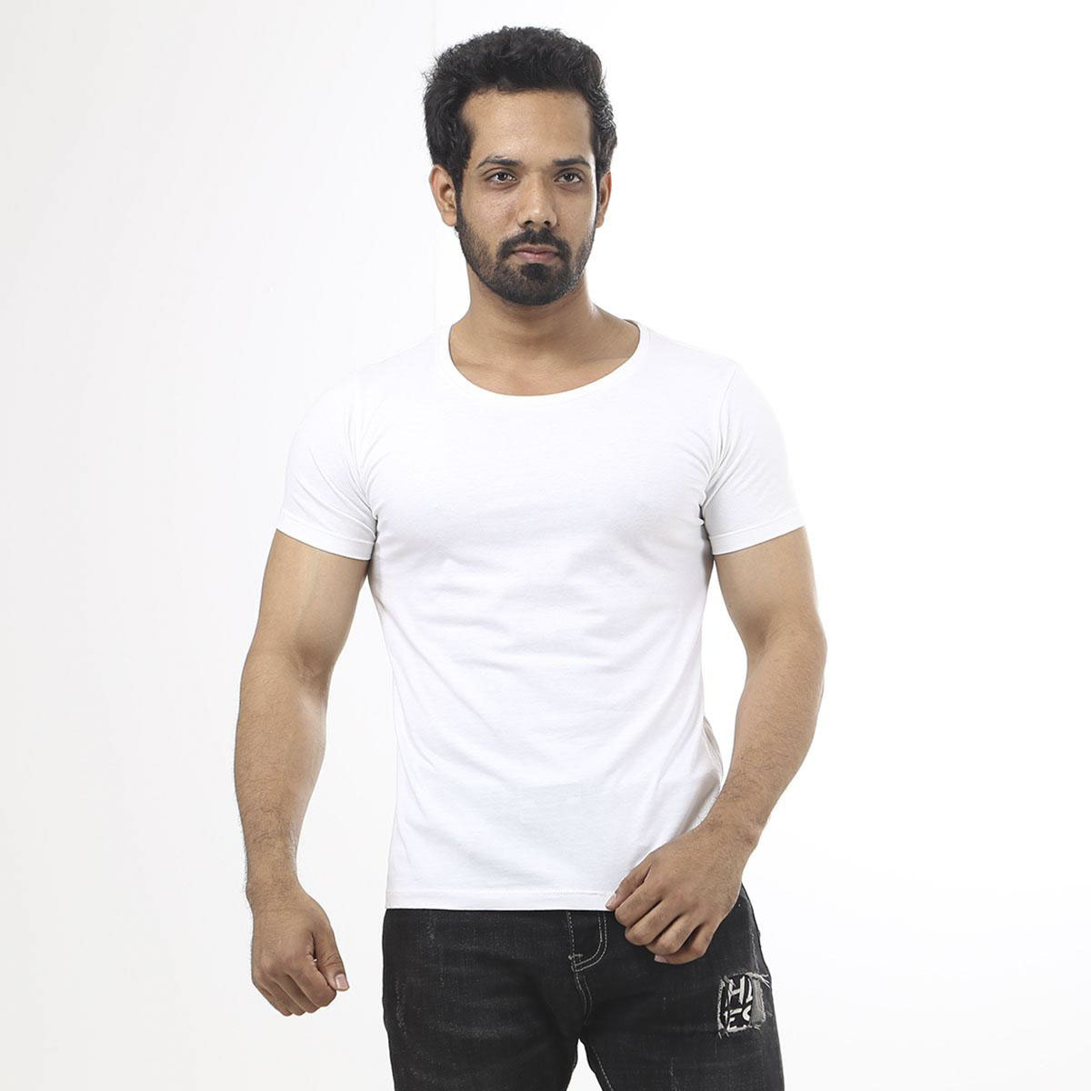 White Cotton Round Neck T-Shirt for Men 