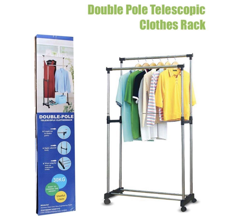 Double pole telescopic folding clothes rack with shelves ,clothes rack, double pole cloth rack, modern cloth rack,stainless steel cloth rack,cloth stand,Double Pole Telescopic Clothes Rail Mixer Mog. 