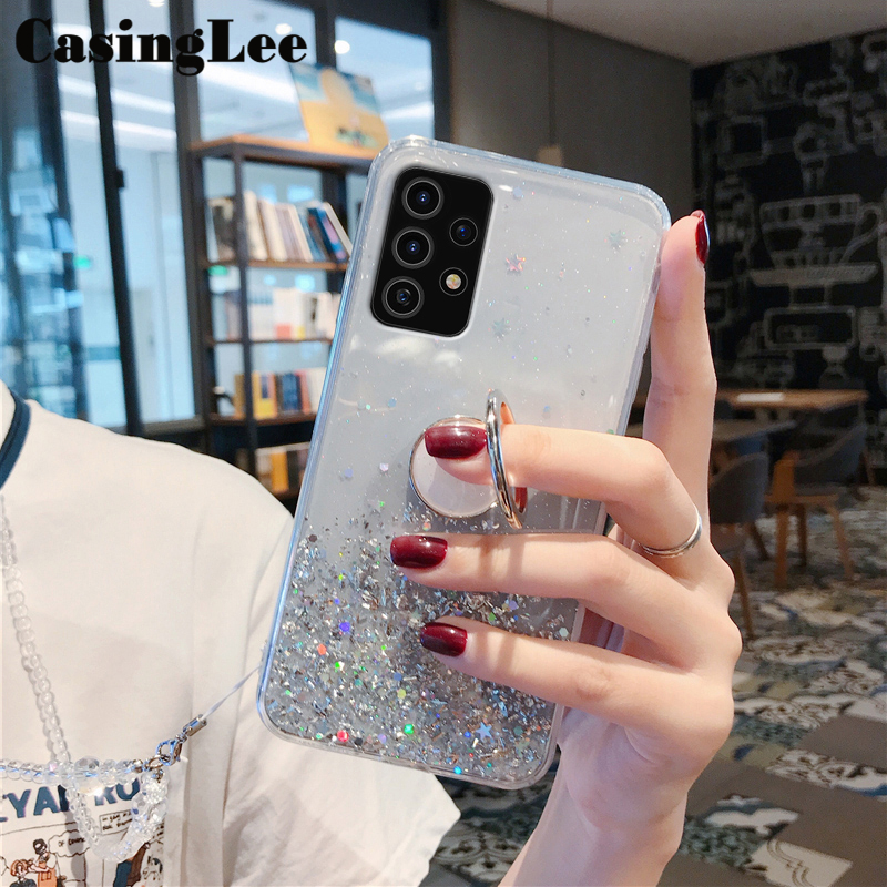 Casinglee for Galaxy A53 5G case Shiny Ring Glitter Soft Transparent Holder Stand Back cover with String for Samsung A53 5G Phone cases cover Stars Moon Girls. 