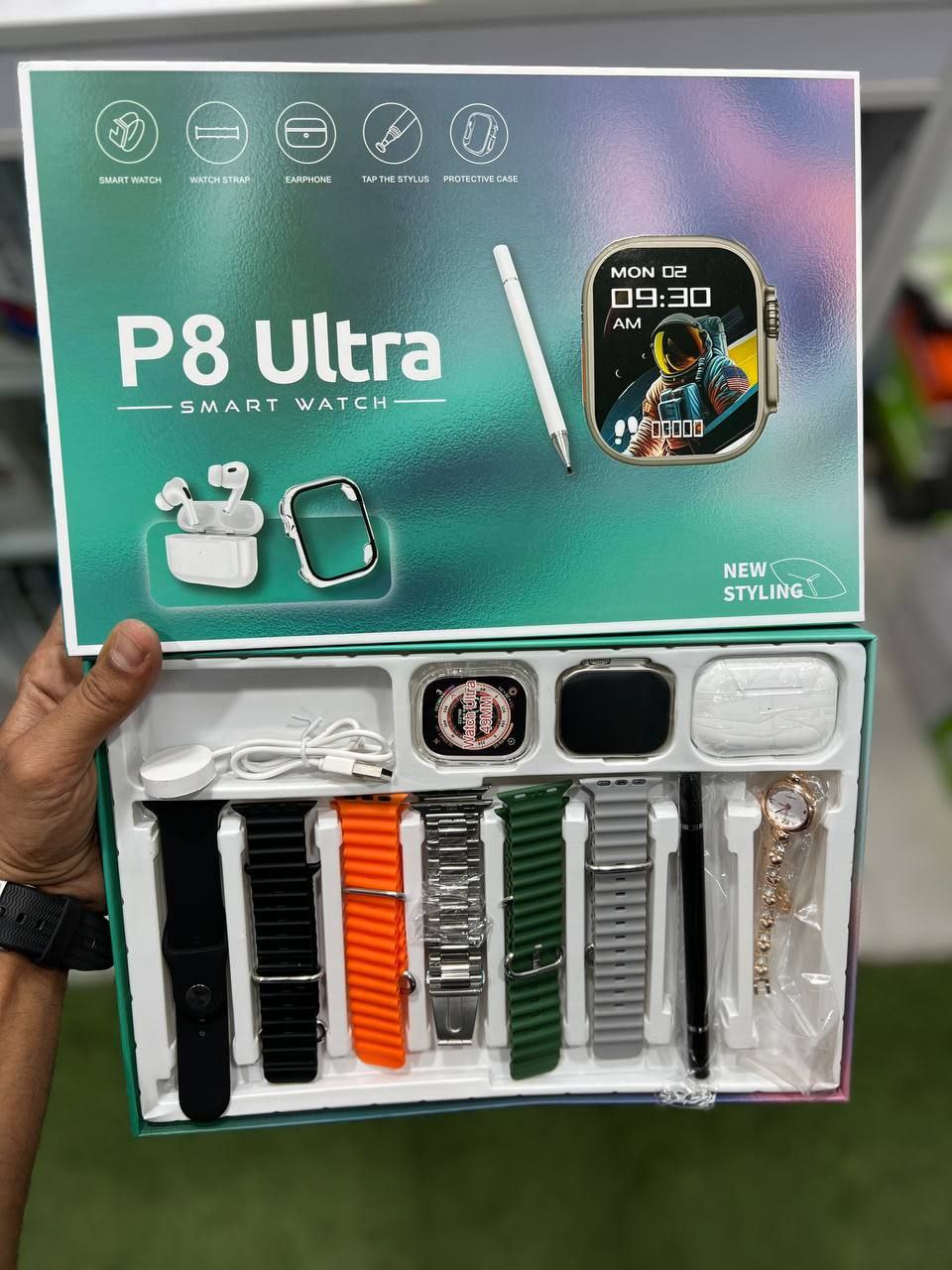 P8 Ultra Slim Touchscreen Smart Watch with 1.4-inch Square Display Wearable Fitness airpod pro - pencil ✏️-6 strps with Heart Rate.