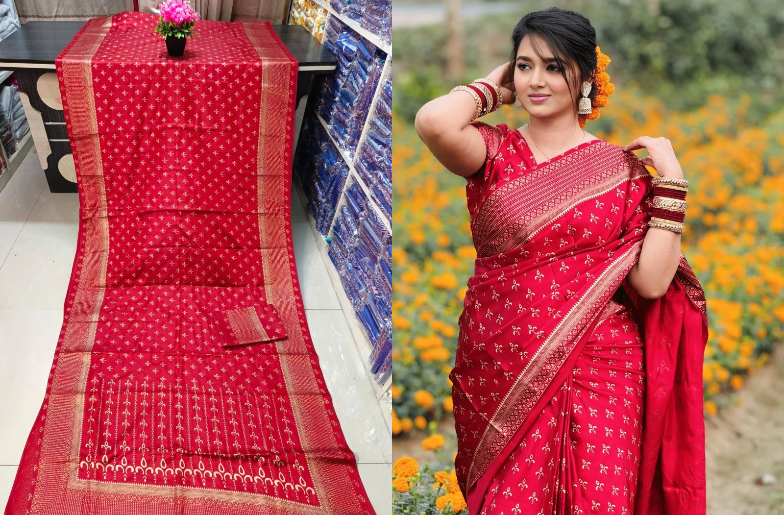 Durga pujar Japanese Soft Silk Sari with Blouse Piece for Women. 