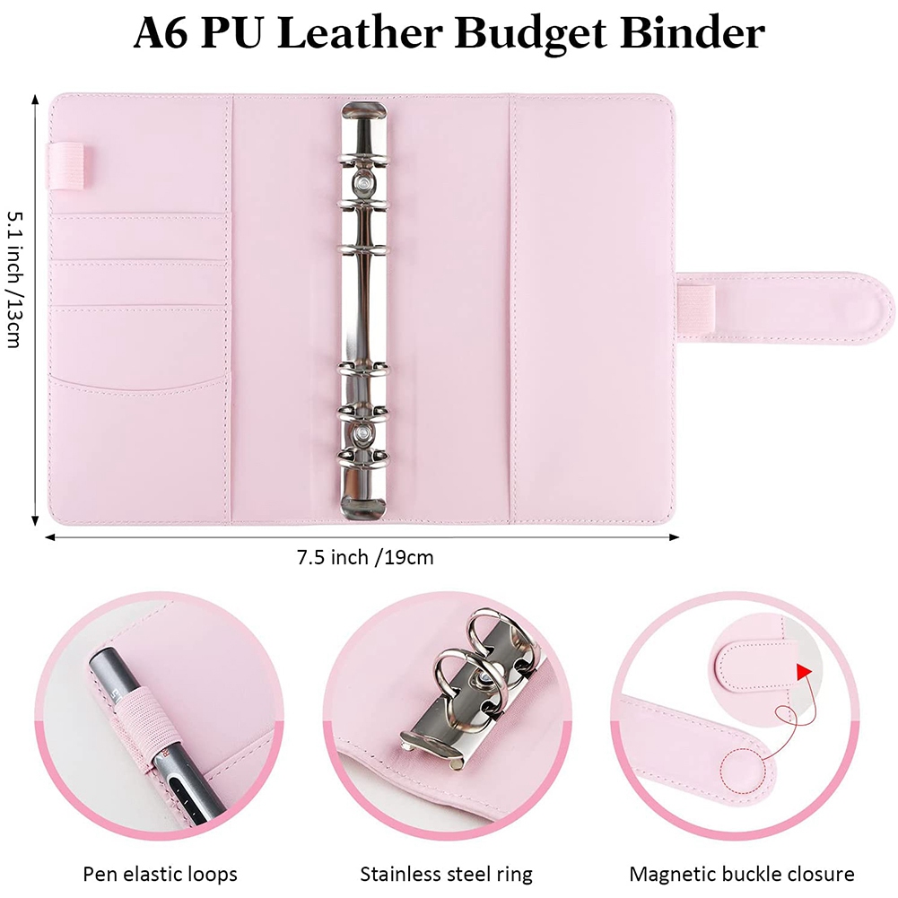 Budget Binder, A6 PU Notebook Planning Notepad, Replaceable 6 Ring Binder Coverfor Personal Planning of Budget Saving B. 