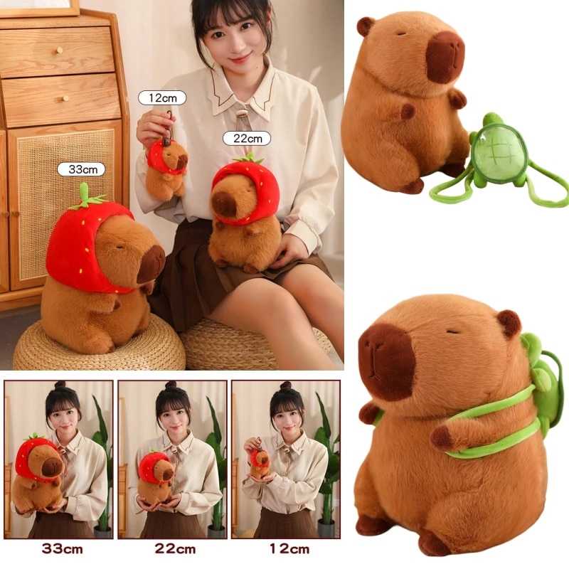 Strawberry Hat Capybara Plush Toy Simulation Turtle Backpack Capibara Stuffed Animals Papa Hand Circle Ring Small size Pendant. 