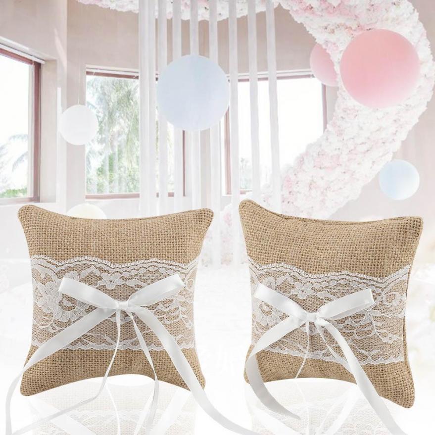 Burlap Cushion Wrapped In Lace Carrier Pillows With Satin Ribbon