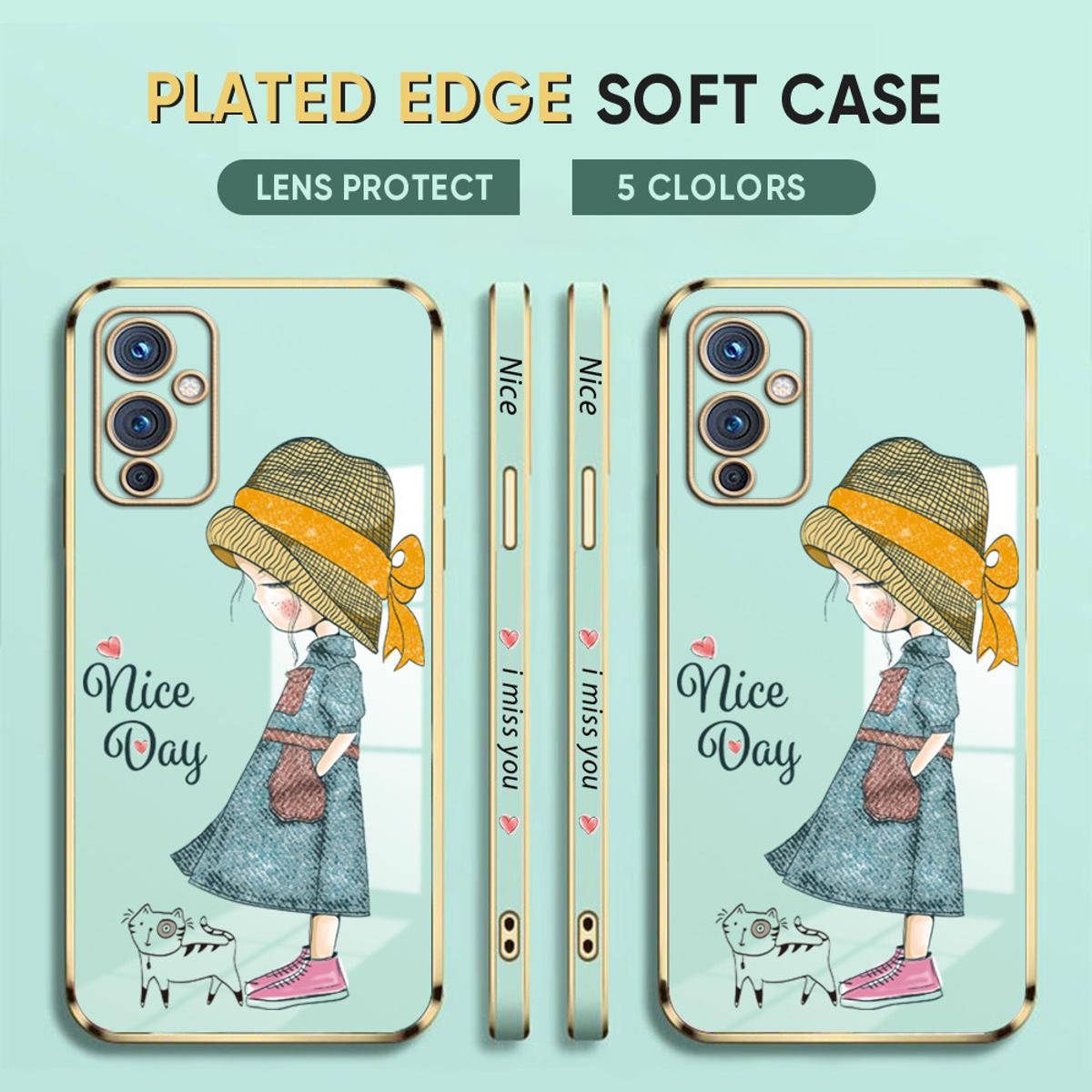For OnePlus 9 Back Cover Luxury 6D Plating Lovly Girl Side Pattern Soft Silicone Square Mobile Phone Case