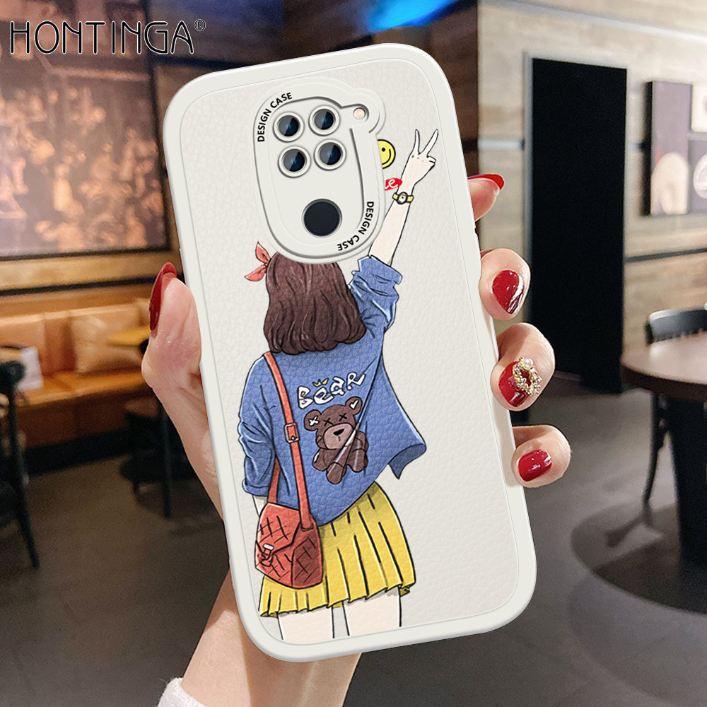 Hontinga for Redmi Note 9 Back Cover PU Leather Cartoon Elegant Girl Case Soft Silicone Edge Phone Cases