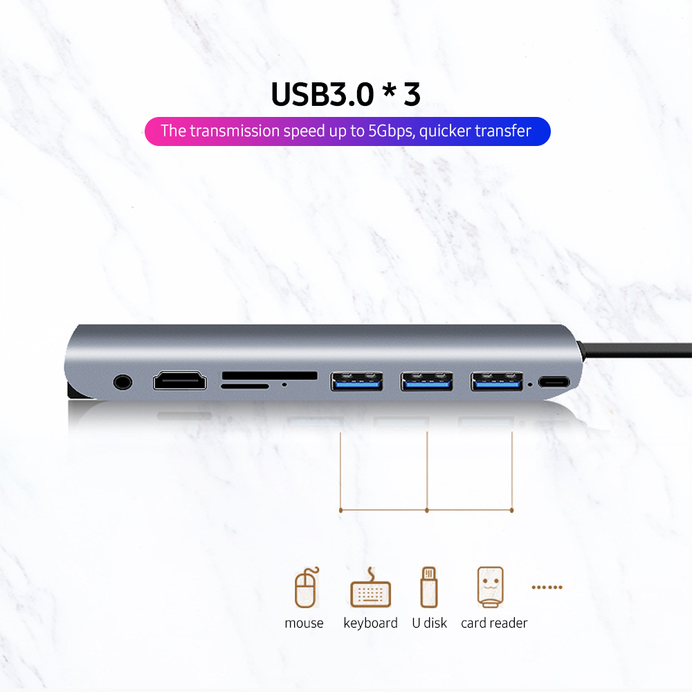 HXSJ 9-in-1 Multifunctional Type-C to HD Hub PD Charge/ HD(4K@30Hz)/ VGA(1080P)/ USB3.0/ SD TF Card Reader/ 3.5mm Audio. 